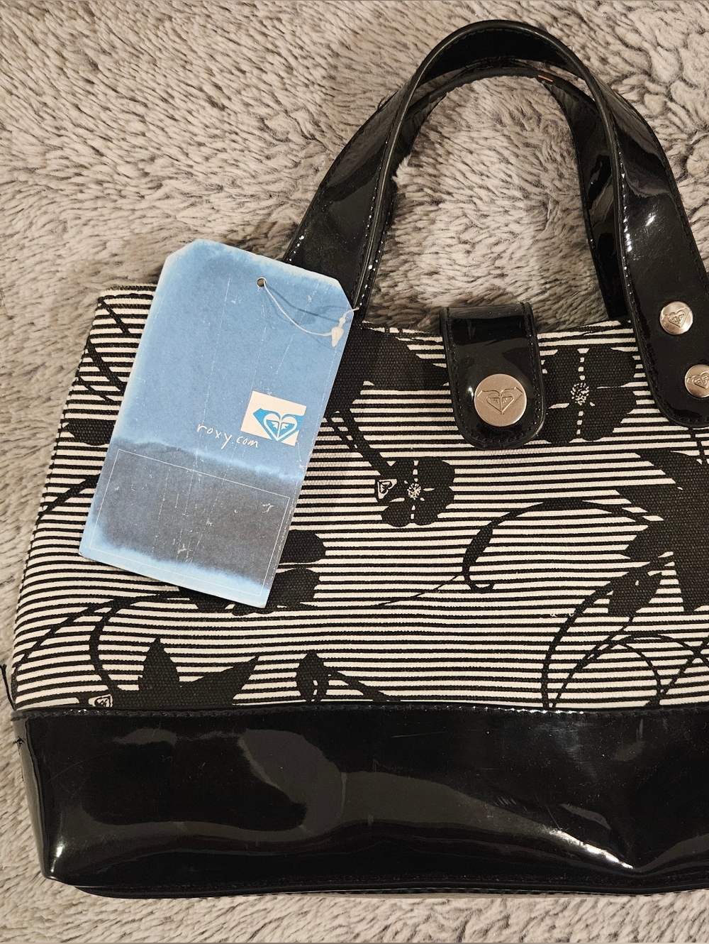 Roxy Black & Cream Floral Stripe Tote Bag NWT